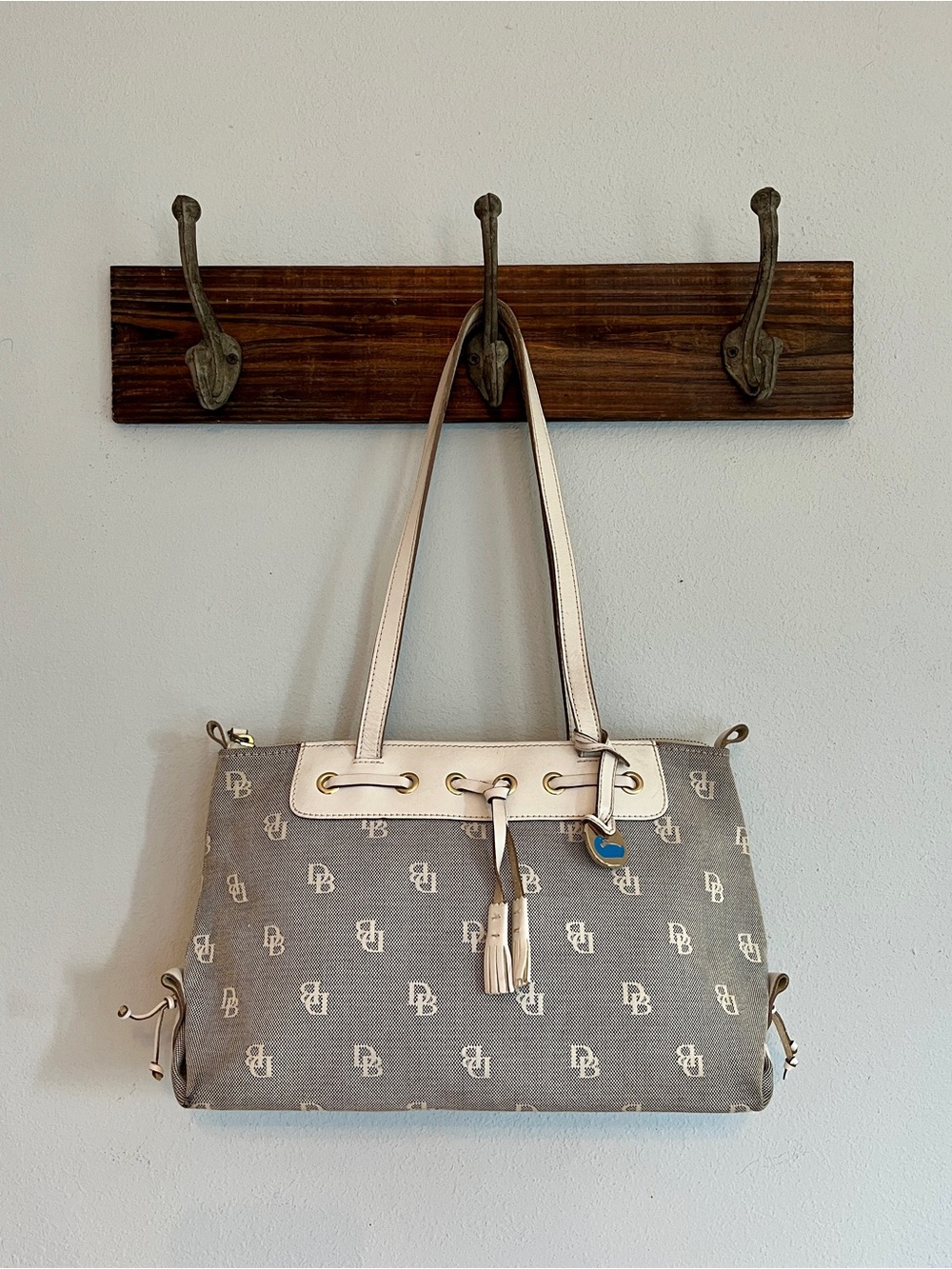 Vintage Y2K Dooney and Bourke Canvas Shoulder Bag with Cream Trim